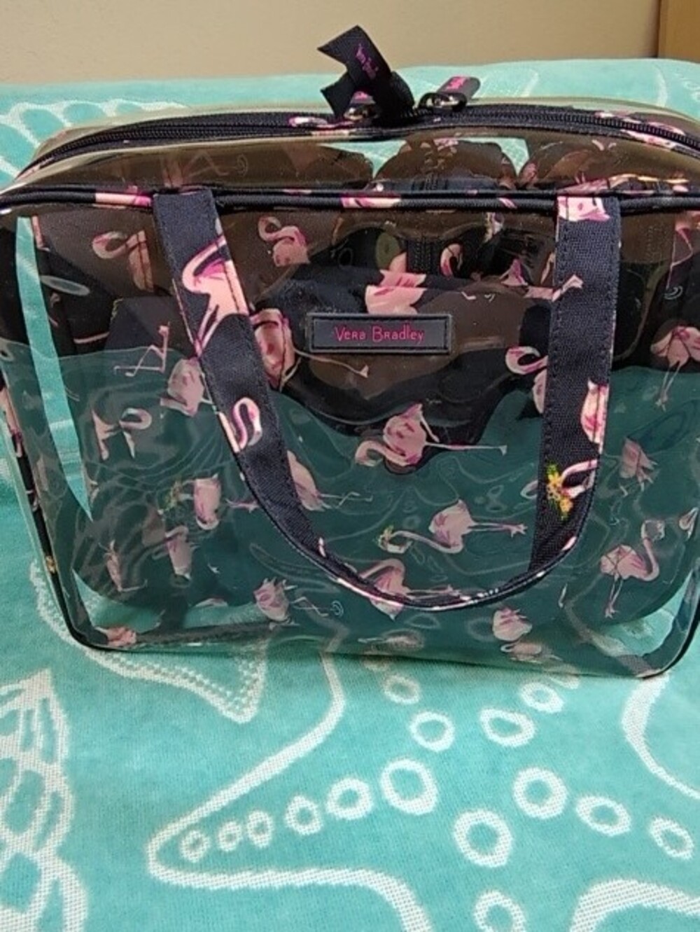 Vera Bradley Navy with Pink Flamingo Print Clear Travel Tote & 4 Pouches - Picture 2 of 2